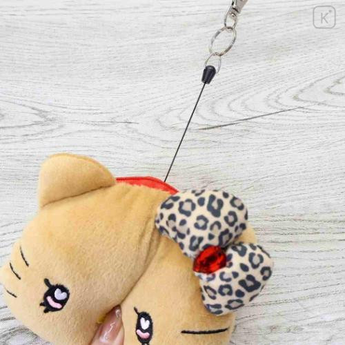 Japan Sanrio Plush Pass Case Pouch with Reel - Hello Kitty : Heart Eyes Leopard Tan - 4