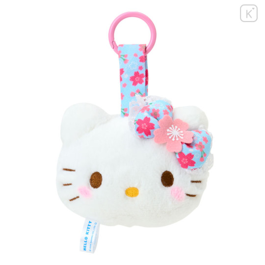 Japan Sanrio Plush Mascot with Carabiner Bag Charm - Hello Kitty : Sakura Face Light Blue Pink - 1