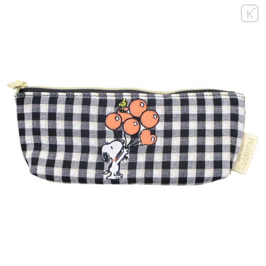 Japan Peanuts Slim Pen Pouch Pencil Case - Snoopy & Woodstock : Black Plaid Balloon - 1