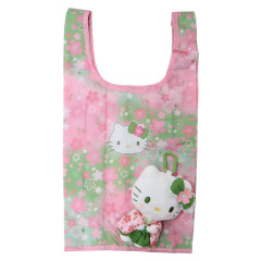 Japan Sanrio Eco Shopping Bag & Mascot Plush - Hello Kitty : Matcha Sakura Kimono
