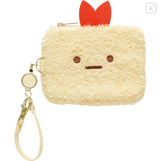 Japan San-X Mini Pouch & Pass Case Card Holder with Reel - Sumikko Gurashi : Ebifurai no Shippo Fried Shrimp Tail Face - 1