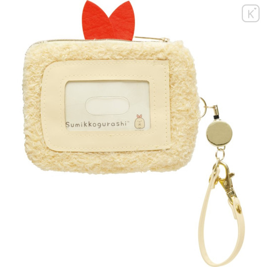 Japan San-X Mini Pouch & Pass Case Card Holder with Reel - Sumikko Gurashi : Ebifurai no Shippo Fried Shrimp Tail Face - 3