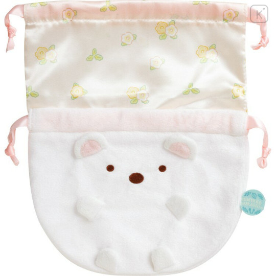 Japan San-X Plush Drawstring Bag - Sumikko Gurashi : Raccoon Tanuki Round Restaurant Shirokuma - 1