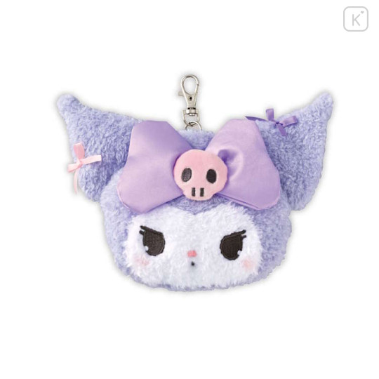 Japan Sanrio Plush Pass Case with Reel - Kuromi : Face Ribbon Heart - 1