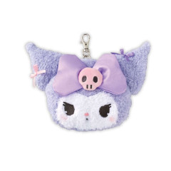 Japan Sanrio Plush Pass Case with Reel - Kuromi : Face Ribbon Heart