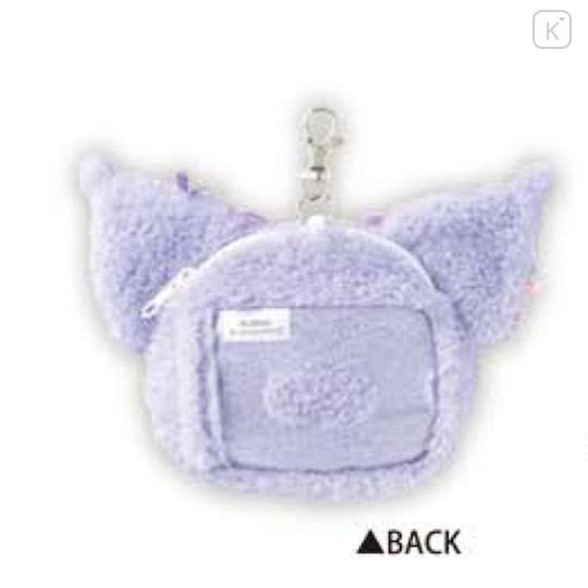 Japan Sanrio Plush Pass Case with Reel - Kuromi : Face Ribbon Heart - 2