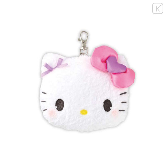 Japan Sanrio Plush Pass Case with Reel - Hello Kitty : Face Ribbon Heart - 1