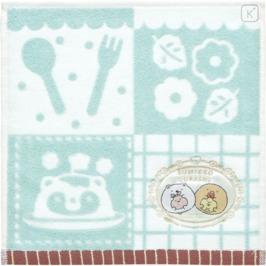 Japan San-X Embroidered Mini Towel Handkerchief - Sumikko Gurashi : Raccoon Tanuki Round Restaurant Shirokuma Tonkatsu - 1