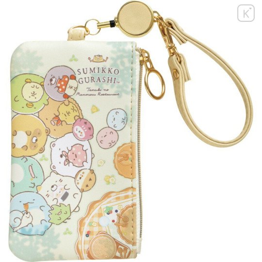 Japan San-X Mini Pouch & Pass Case Card Holder with Reel - Sumikko Gurashi : Raccoon Tanuki Round Restaurant - 1