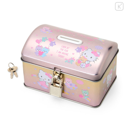 Japan Sanrio Original Tin Coin Bank with Snack - Hello Kitty & Tiny Chum : Metallic Pink - 1