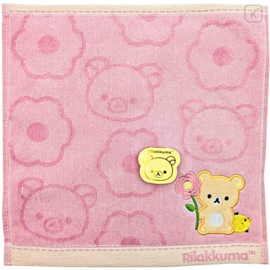 Japan San-X Embroidered Mini Towel Handkerchief - Kiiroitori & Rilakkuma : Basic Rilakkuma Flower Pink - 1