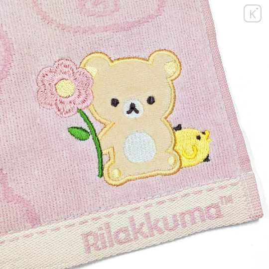 Japan San-X Embroidered Mini Towel Handkerchief - Kiiroitori & Rilakkuma : Basic Rilakkuma Flower Pink - 2