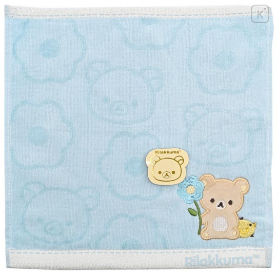Japan San-X Embroidered Mini Towel Handkerchief - Kiiroitori & Rilakkuma : Basic Rilakkuma Flower Blue - 1