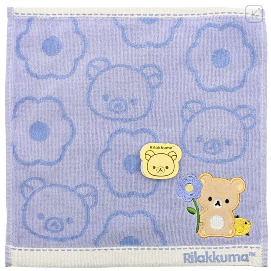 Japan San-X Embroidered Mini Towel Handkerchief - Kiiroitori & Rilakkuma : Basic Rilakkuma Flower Purple - 1