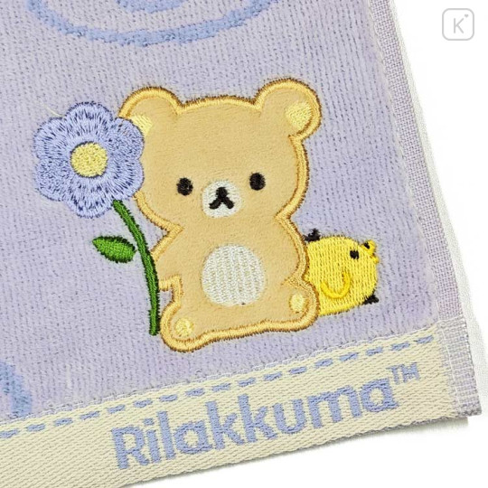 Japan San-X Embroidered Mini Towel Handkerchief - Kiiroitori & Rilakkuma : Basic Rilakkuma Flower Purple - 2