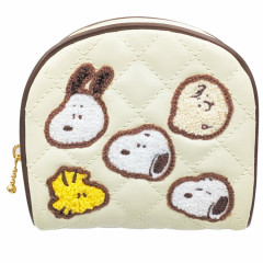 Japan Peanuts Quilted Cosmetic Pouch - Snoopy & Woodstock : Chocolate Beige Embossed Face