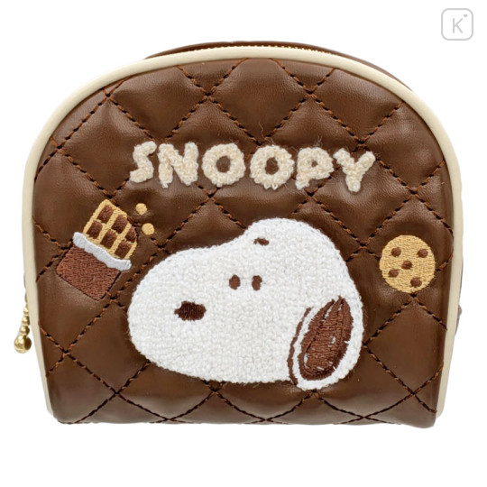 Japan Peanuts Quilted Cosmetic Pouch - Snoopy : Chocolate Brown Embossed Face - 1