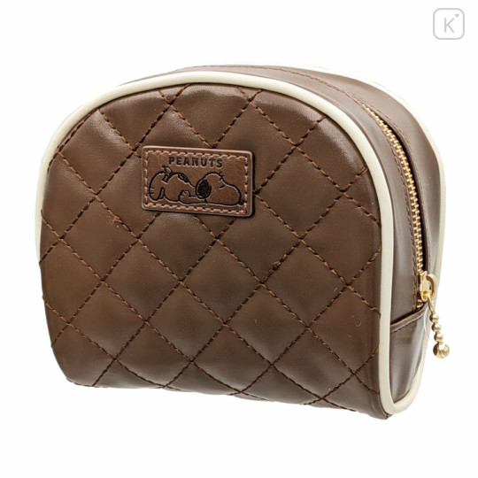 Japan Peanuts Quilted Cosmetic Pouch - Snoopy : Chocolate Brown Embossed Face - 3