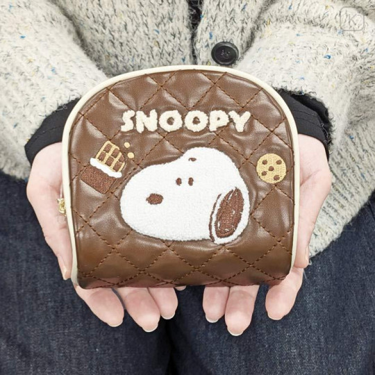 Japan Peanuts Quilted Cosmetic Pouch - Snoopy : Chocolate Brown Embossed Face - 4