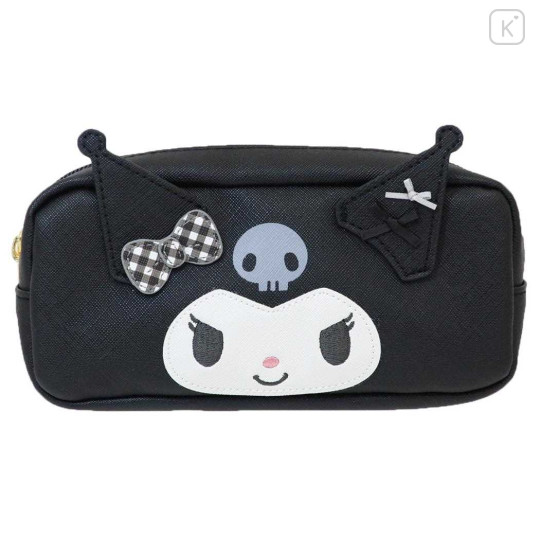 Japan Sanrio Pen Pouch Pencil Case - Kuromi : Smile Face Gingham Ribbon - 1