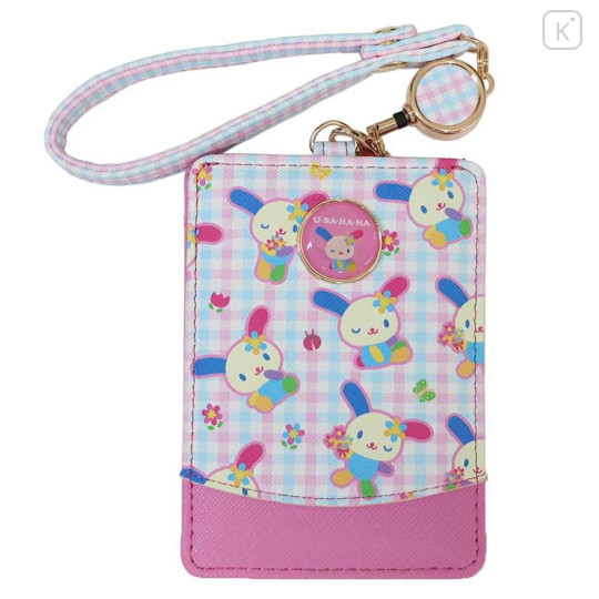 Japan Sanrio Pass Case Card Holder & Reel - Usahana : Gingham Blue Pink Flower - 1