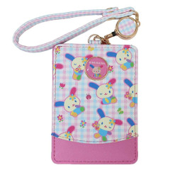 Japan Sanrio Pass Case Card Holder & Reel - Usahana : Gingham Blue Pink Flower