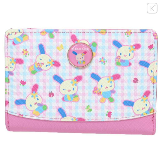 Japan Sanrio Bifold Wallet - Usahana : Gingham Blue Pink Flower - 1