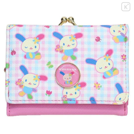 Japan Sanrio Clasp Bifold Wallet - Usahana : Gingham Blue Pink Flower - 1