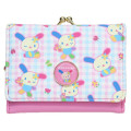 Japan Sanrio Clasp Bifold Wallet - Usahana : Gingham Blue Pink Flower - 1