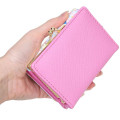 Japan Sanrio Clasp Bifold Wallet - Usahana : Gingham Blue Pink Flower - 2