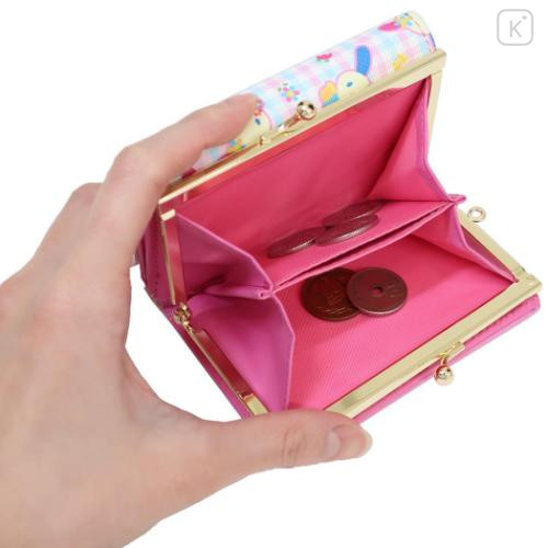 Japan Sanrio Clasp Bifold Wallet - Usahana : Gingham Blue Pink Flower - 5