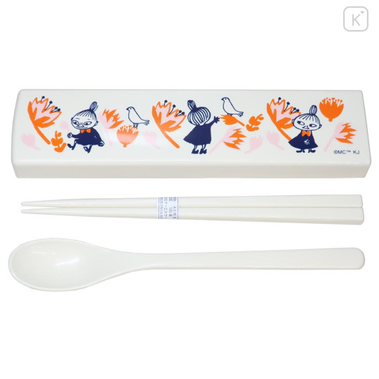 Japan Moomin Chopsticks 18cm & Spoon with Case - Little My : Orange Flower Bird - 1