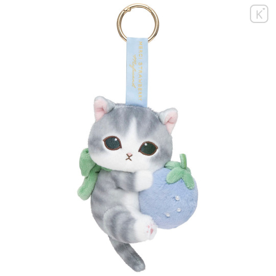 Japan Mofusand Plush Mascot with Carabiner Bag Charm - Mofusand Merci Strawberry Fruit Cat Blue - 1