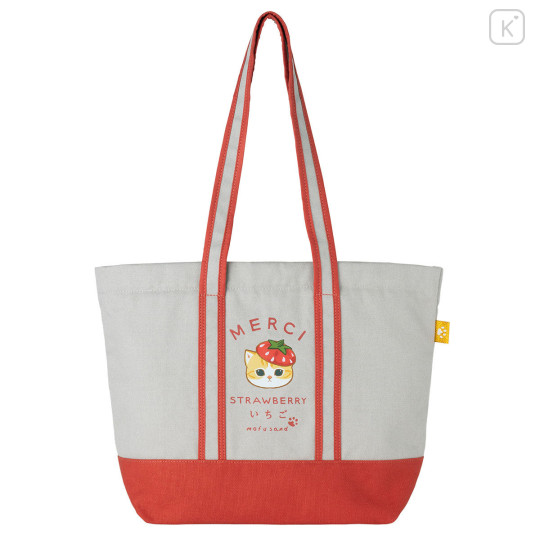 Japan Mofusand Large Gusseted Tote Bag - Mofusand Merci Strawberry Fruit Cat Red Grey - 1