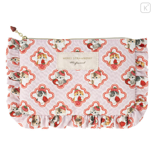 Japan Mofusand Frill Cosmetic Pouch - Mofusand Merci Strawberry Fruit Cat Pink - 4