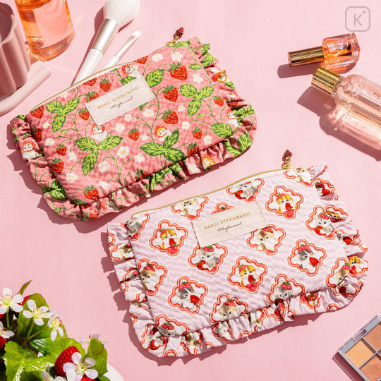 Japan Mofusand Frill Cosmetic Pouch - Mofusand Merci Strawberry Fruit Cat Red - 2