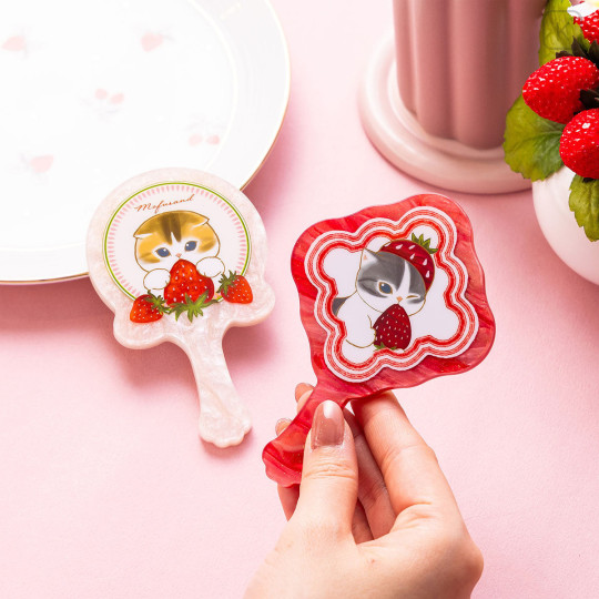 Japan Mofusand Hand Mirror - Mofusand Merci Strawberry Fruit Cat Pink - 2
