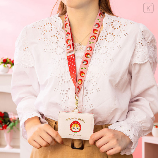 Japan Mofusand Pass Case Card Holder with Neck Strap - Mofusand Merci Strawberry Fruit Cat - 2