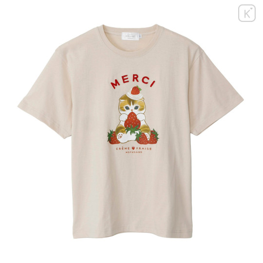 Japan Mofusand T-shirt (L) - Mofusand Merci Strawberry Fruit Cat Cream Beige - 5