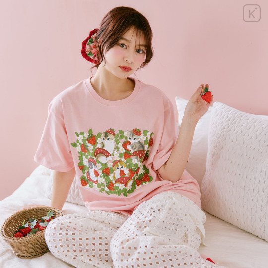 Japan Mofusand T-shirt (L) - Mofusand Merci Strawberry Fruit Cat Pink - 3