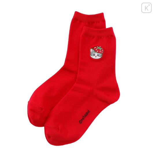 Japan Mofusand Embroidered Low Crew Socks - Mofusand Merci Strawberry Fruit Cat Red - 1