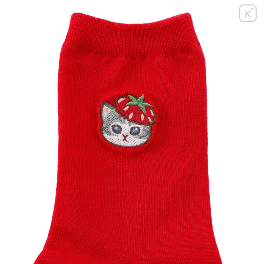Japan Mofusand Embroidered Low Crew Socks - Mofusand Merci Strawberry Fruit Cat Red - 5