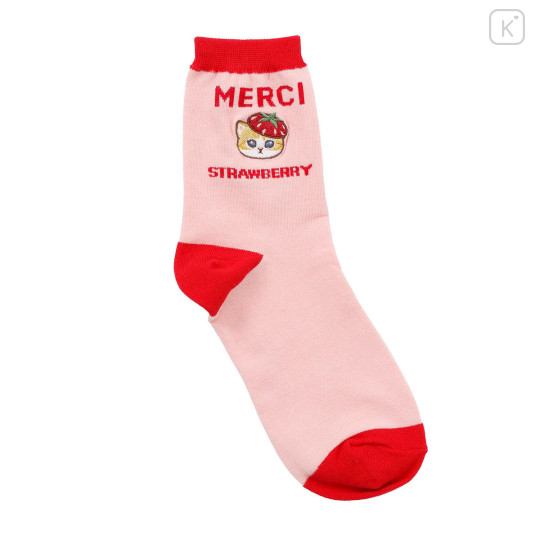 Japan Mofusand Embroidered Low Crew Socks - Mofusand Merci Strawberry Fruit Cat Red Pink - 1