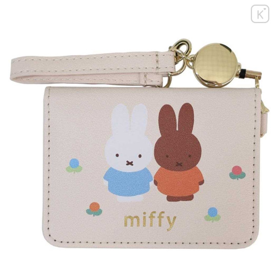 Japan Miffy Bifold Pass Case Card Holder with Reel - Miffy : Friend Beige - 1