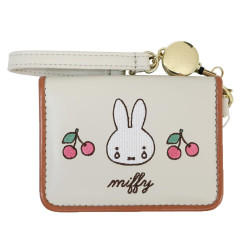 Japan Miffy Bifold Pass Case Card Holder with Reel - Miffy : Cherry Cry Beige