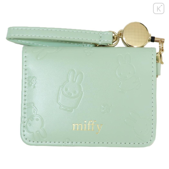 Japan Miffy Bifold Pass Case Card Holder with Reel - Miffy : Embossed Mint - 1