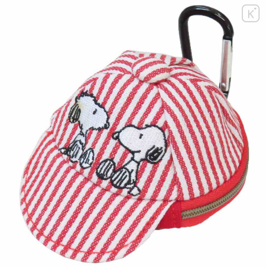 Japan Peanuts Mini Pouch with Carabiner - Snoopy : Cap Style Red Striped - 1