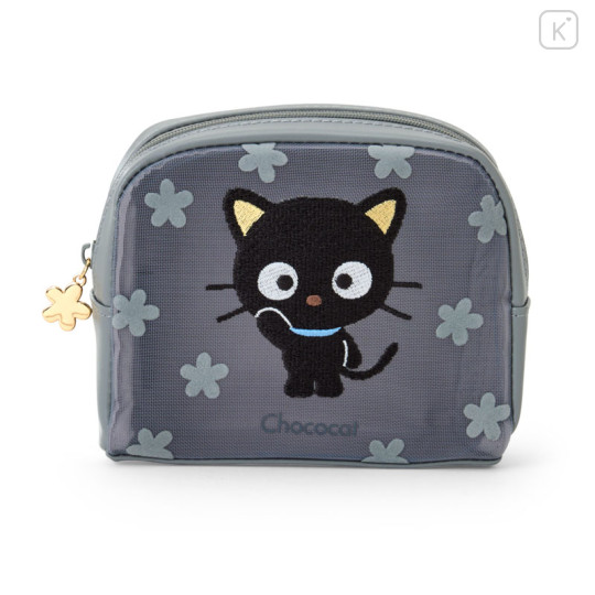 Japan Peanuts Mesh Cosmetic Pouch - Chococat : 30th Anniversary Grey Flower - 1