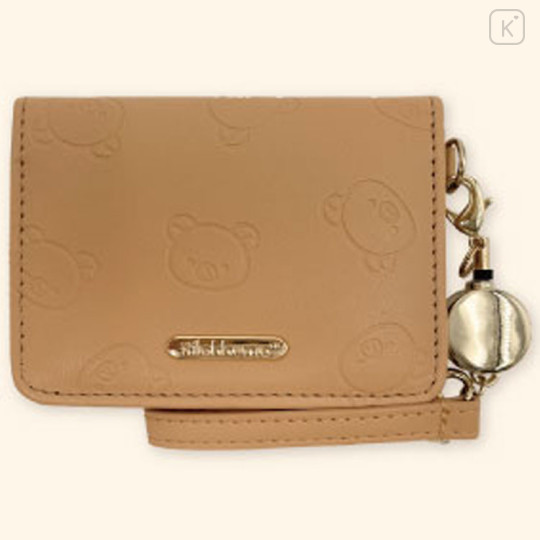 Japan San-X Bifold Pass Case Card Holder with Reel - Rilakkuma : Embossed Brown - 1