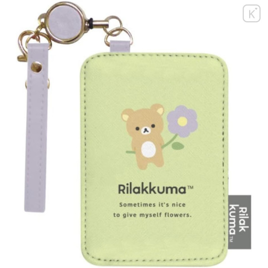 Japan San-X Pass Case Card Holder & Reel - Rilakkuma : Basic Rilakkuma Flower Light Green - 1